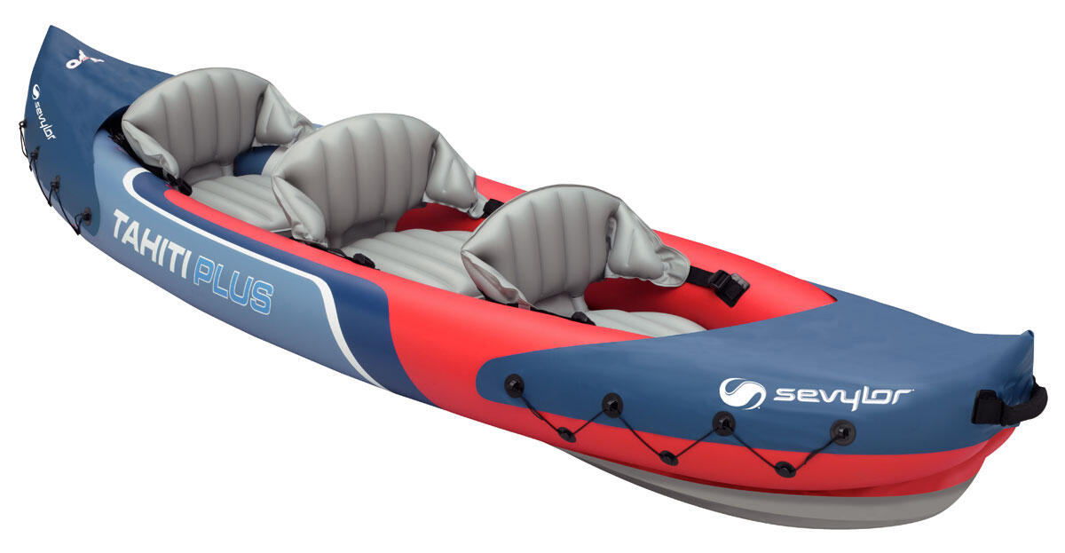 Tahiti Plus 3 person Inflatable kayak kit with 3 Paddles and Pump - Blue / Red 2/7