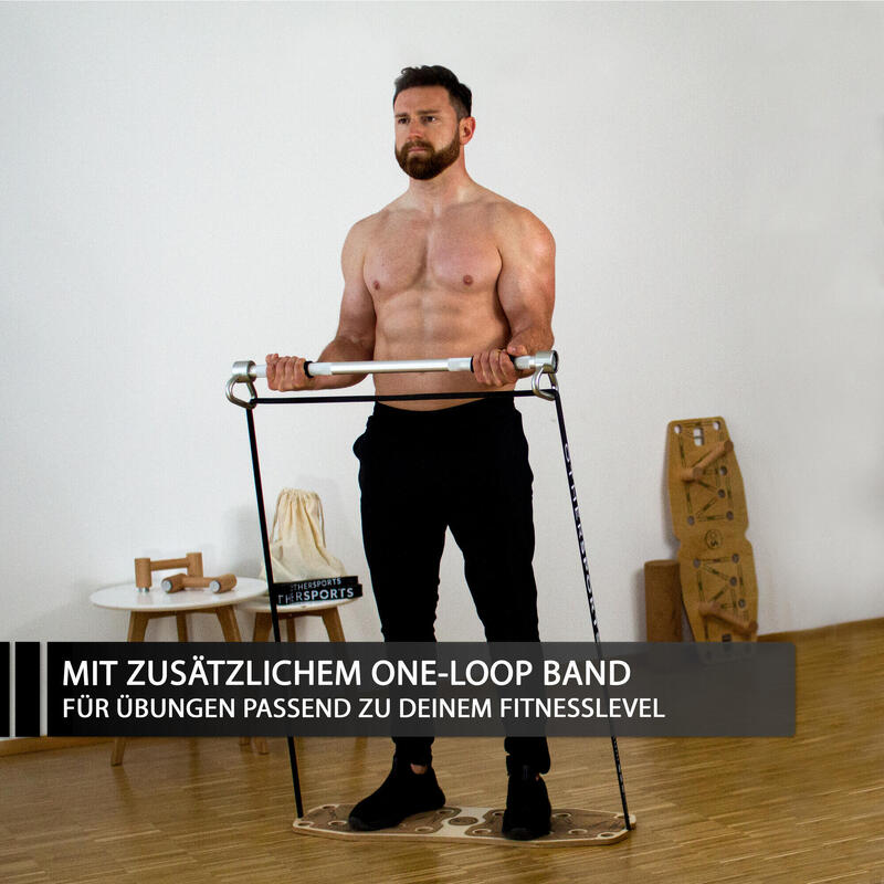 Sportboard Grip Braun und Fitness Stange Bundle mit Korkrolle und Fitnessbänder