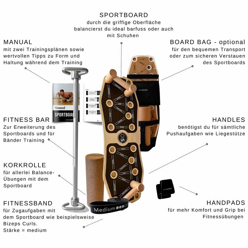 Sportboard Grip Braun und Fitness Stange Bundle mit Korkrolle und Fitnessbänder