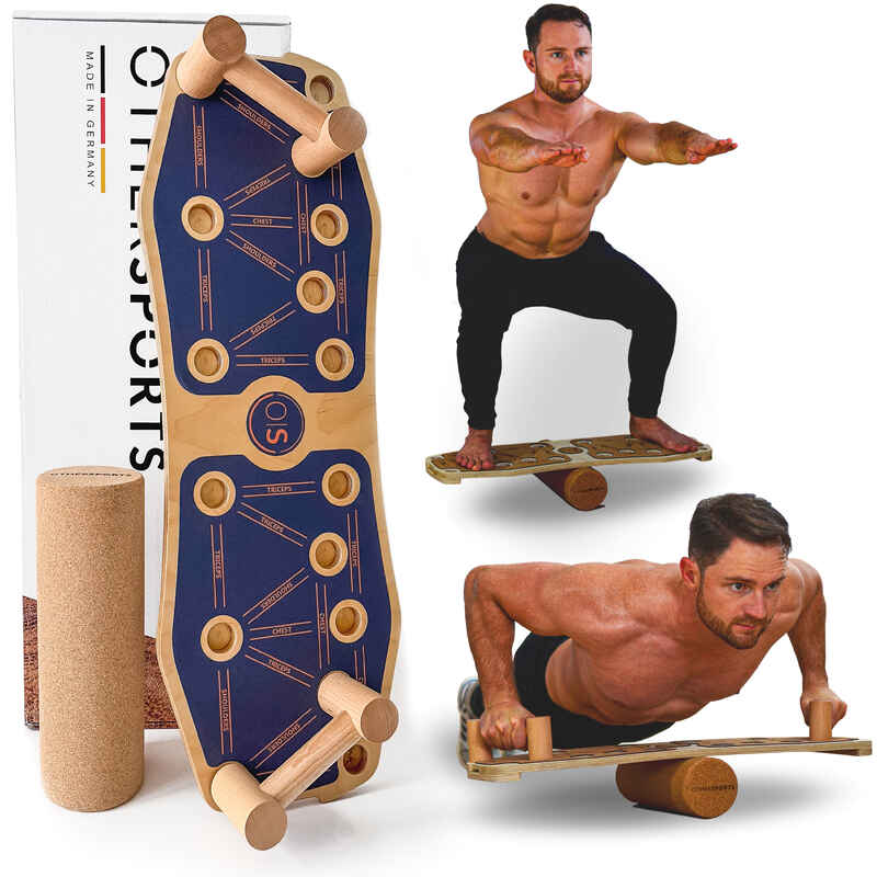 Sportboard Fitness Balance Board aus Echtholz mit Korkrolle und Fitnessband