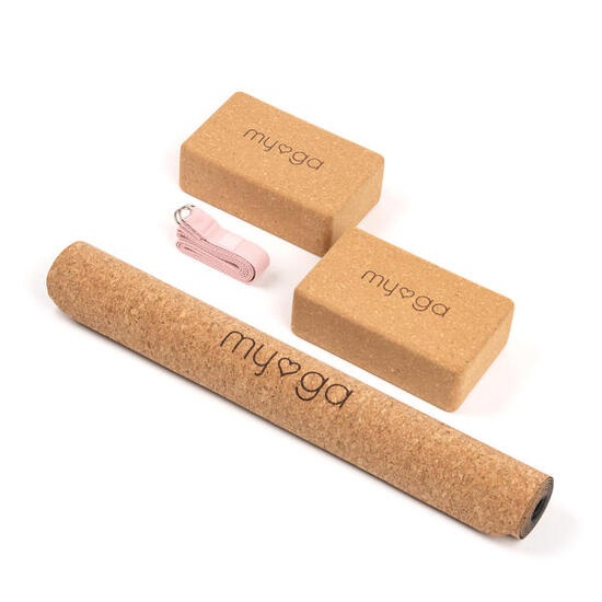 Kit de yoga en liège comprenant un tapis, 2 blocs et une sangle de yoga - Rose