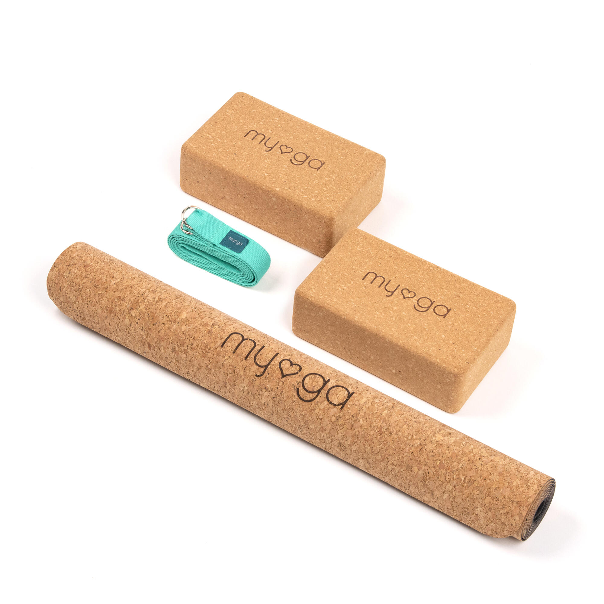 MYGA Myga Cork Yoga Mat, Pair of Cork Blocks & Strap - Turquoise