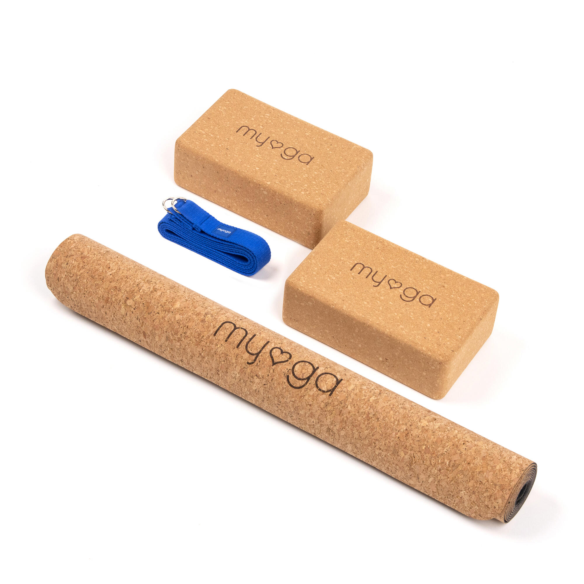 MYGA Myga Cork Yoga Mat, Pair of Cork Blocks & Strap - Royal Blue