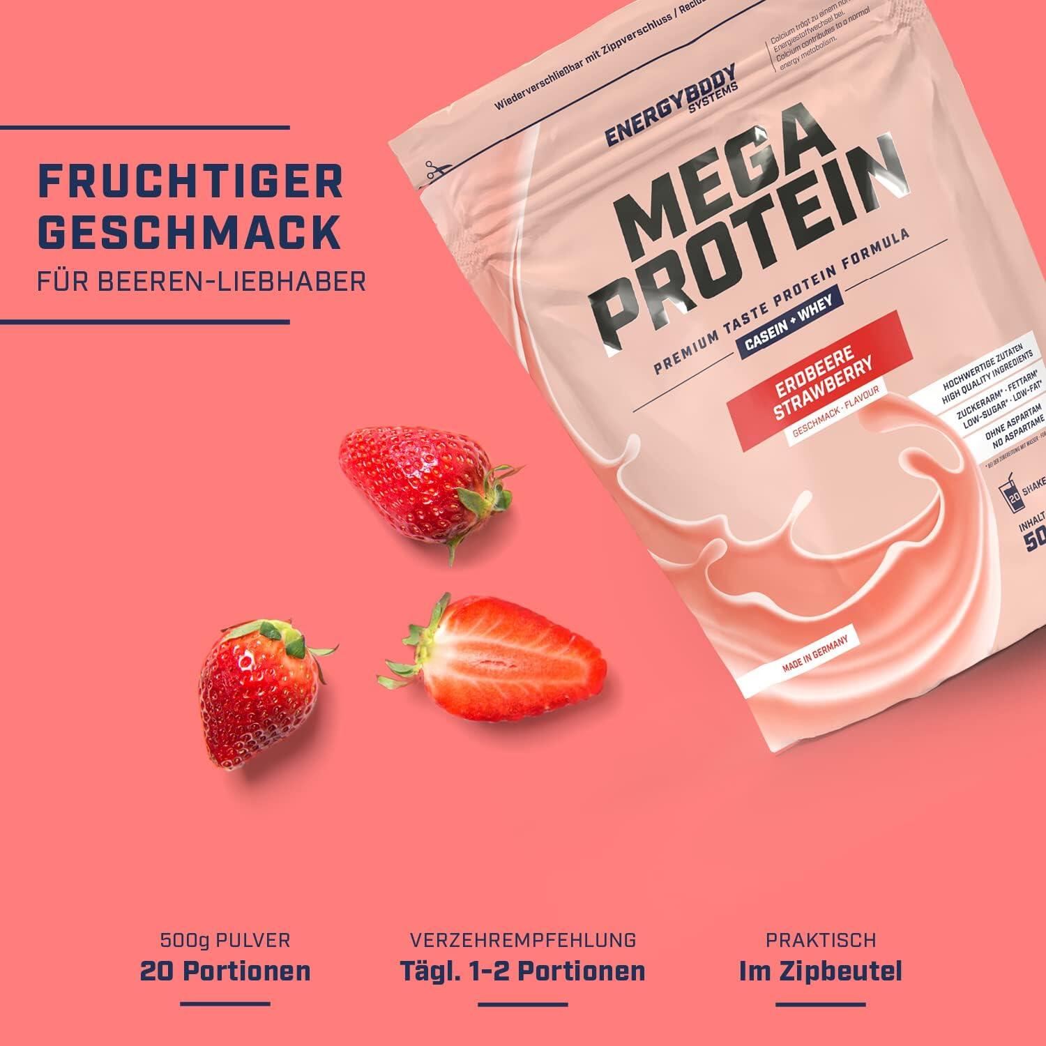 Mega Protein Erdbeere, Eiweißshake Proteinpulver mit Whey & Casein, 500 g 2/4