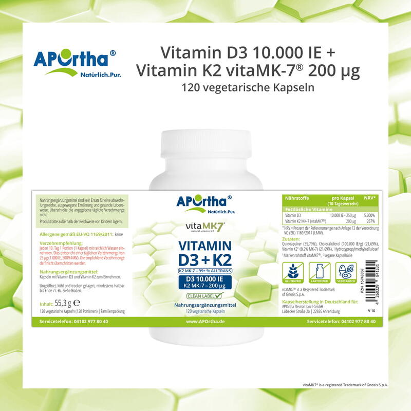 Vitamin D3 10.000 IE + Vitamin K2 vitaMK7® 200 µg - 120 vegetarische Kapseln