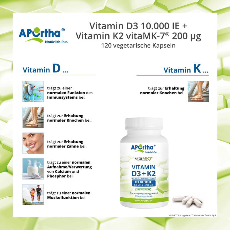 Vitamin D3 10.000 IE + Vitamin K2 vitaMK7® 200 µg - 120 vegetarische Kapseln