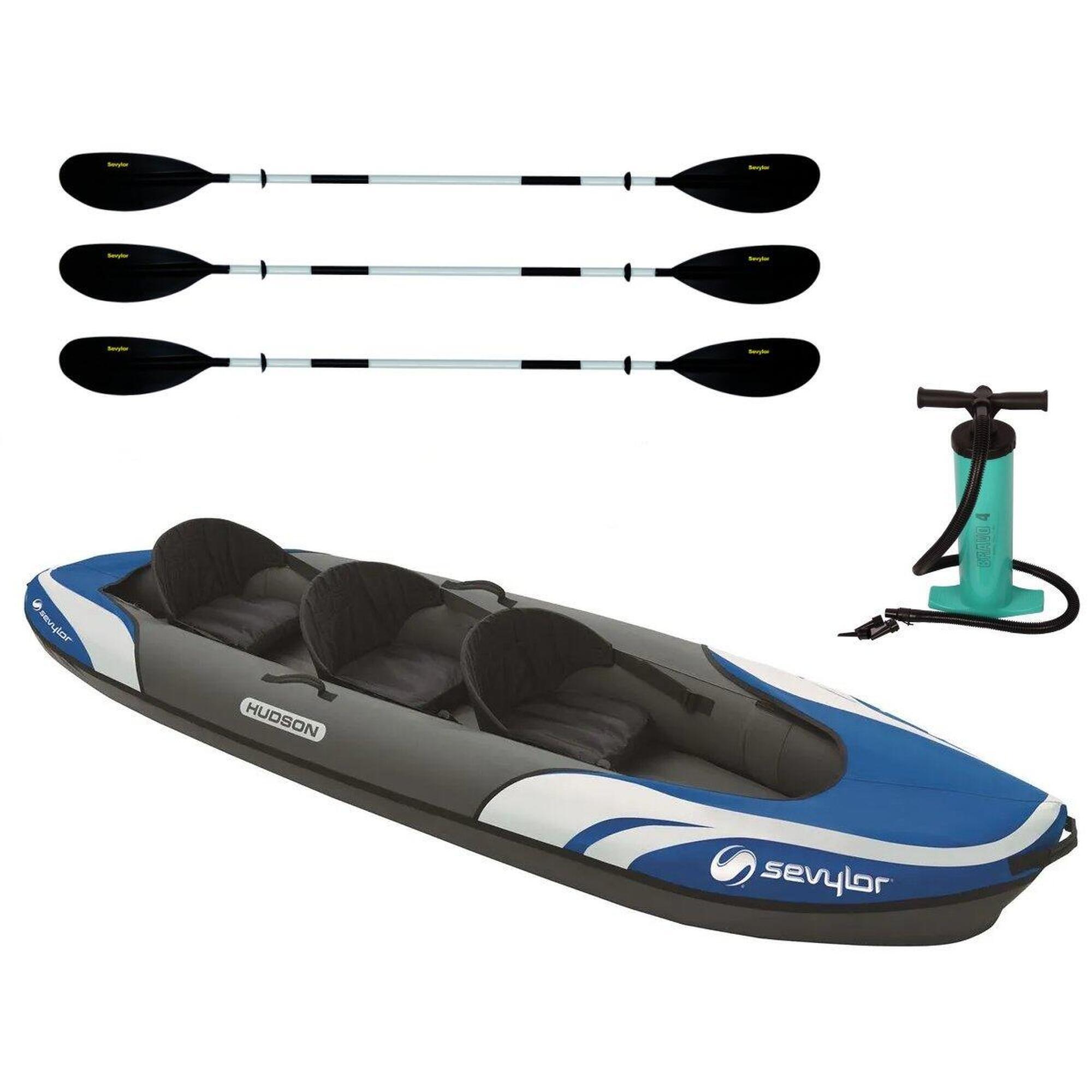 Hudson 3 Person Inflatable Kayak kit with KPERF230 Paddles and Pump Blue SEVYLOR Decathlon