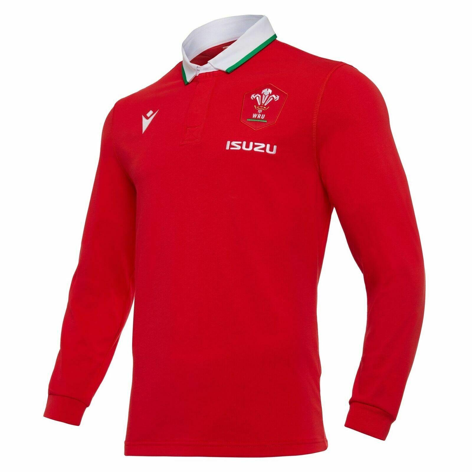 MACRON Macron Wales WRU Mens Home Cotton L/S Rugby Shirt 58125449 Red