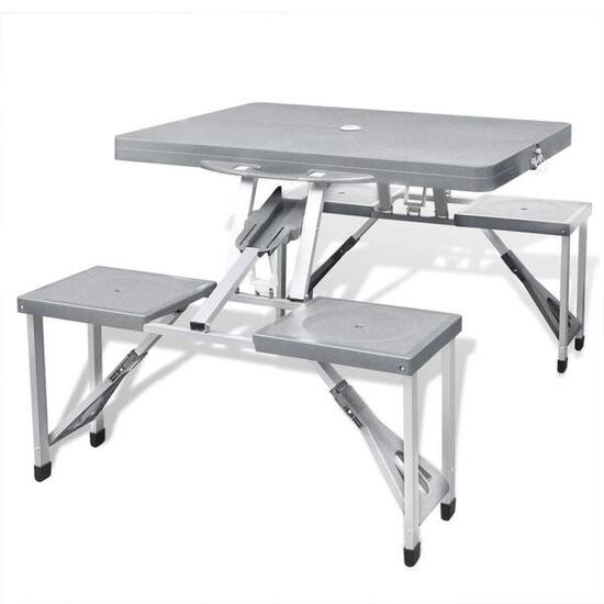Set mesa plegable de camping y 4 taburetes aluminio gris claro