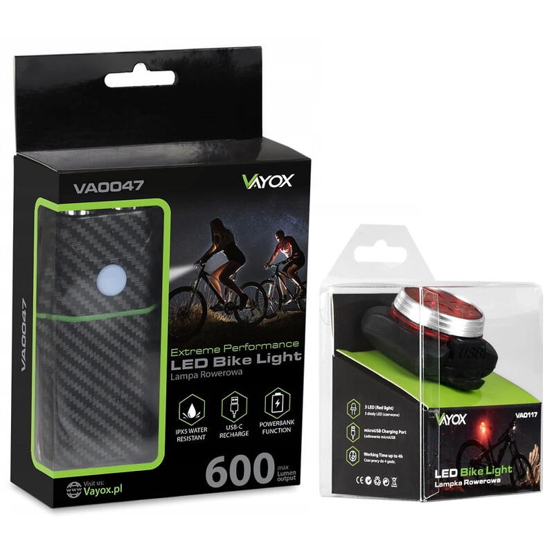 VAYOX VA0047 + VA0117 USB-fietsverlichtingsset voor en achter
