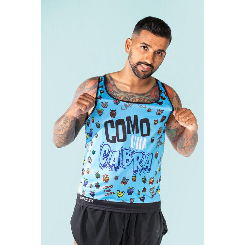 CAMISETA DE RUNNING #COMOUNACABRA para HOMBRE - KAMUABU azul de tirantes