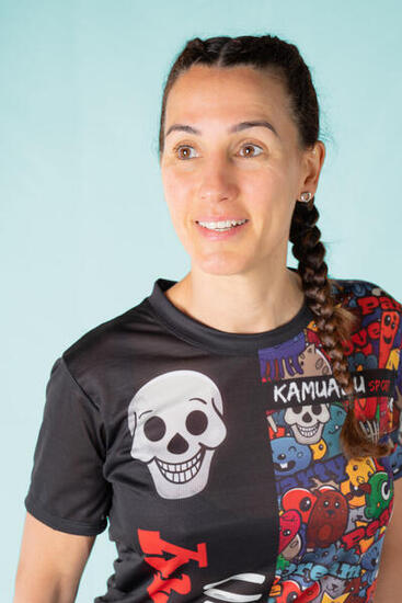 RUNNING SHIRT #PARTYRUN voor DAMES - KAMUABU kleur ZWART 90grs