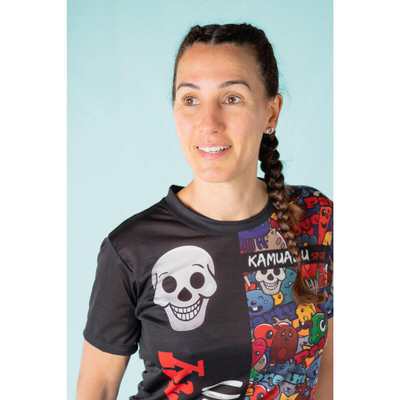 CAMISETA DE RUNNING #PARTYRUN para MUJER - KAMUABU color NEGRA 90grs