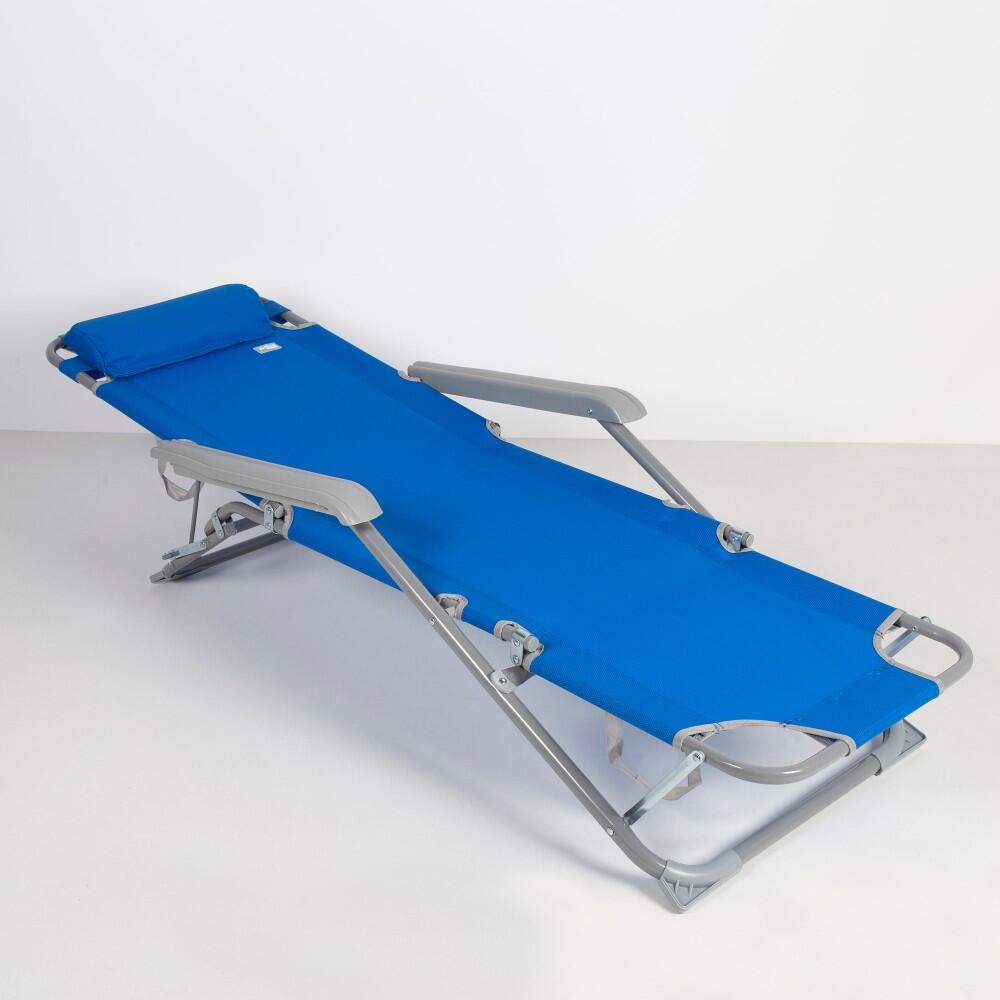 Chaise longue de camping pliante multipositions bleue avec coussin Aktive 2/7