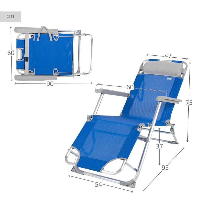 Espreguiçadeira de praia dobrável azul multiposições c/almofada Aktive