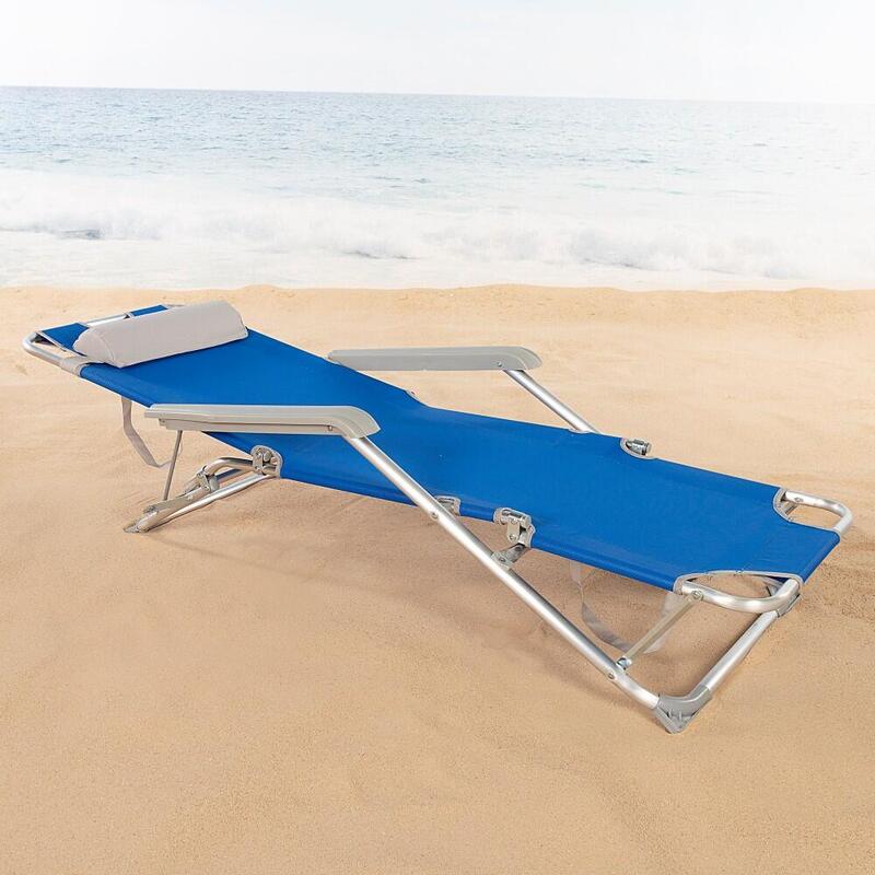 Espreguiçadeira de praia dobrável azul multiposições c/almofada Aktive