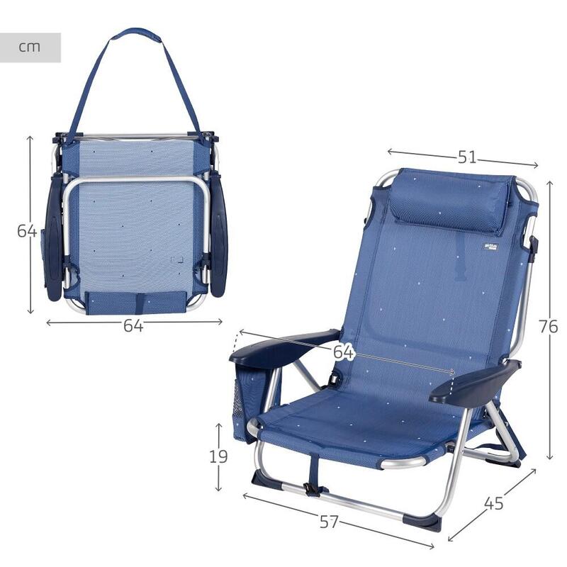 Cadeira de praia e espreguiçadeira baixa anti-roll 5 posições azul Aktive
