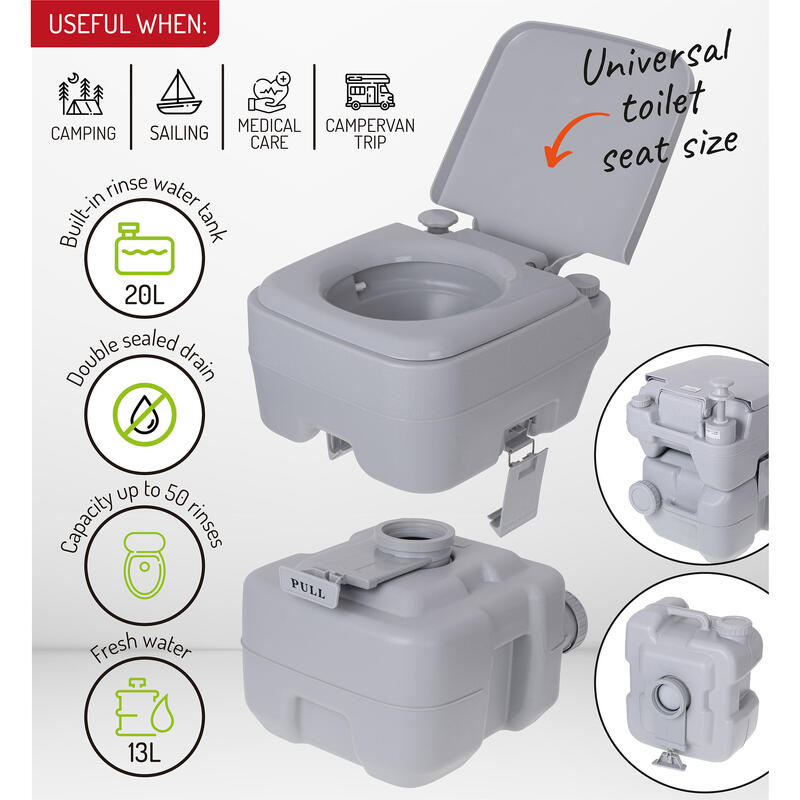 Toilette Portatile 20L per Camping, WC con Scarico dell'Acqua 13L