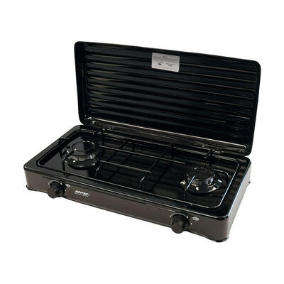 Fornello a Gas Portatile per Campeggio con 2 Fuochi e Coperchio Smile