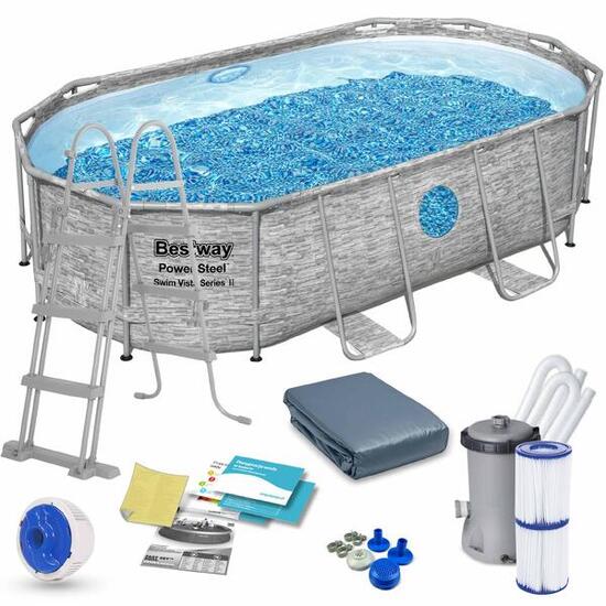 BESTWAY Piscine hors sol ovale Power Steel Swim Vista pierres 427x250x100cm
