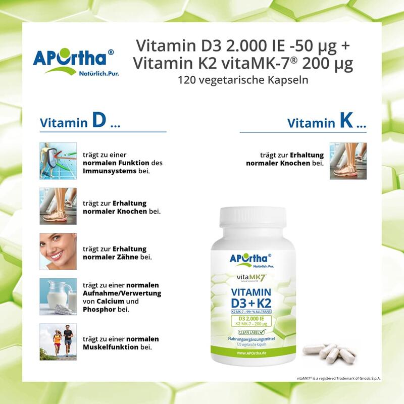 Vitamin D3 2.000 IE + Vitamin K2 vitaMK7® 200 µg - 120 vegetarische Kapseln