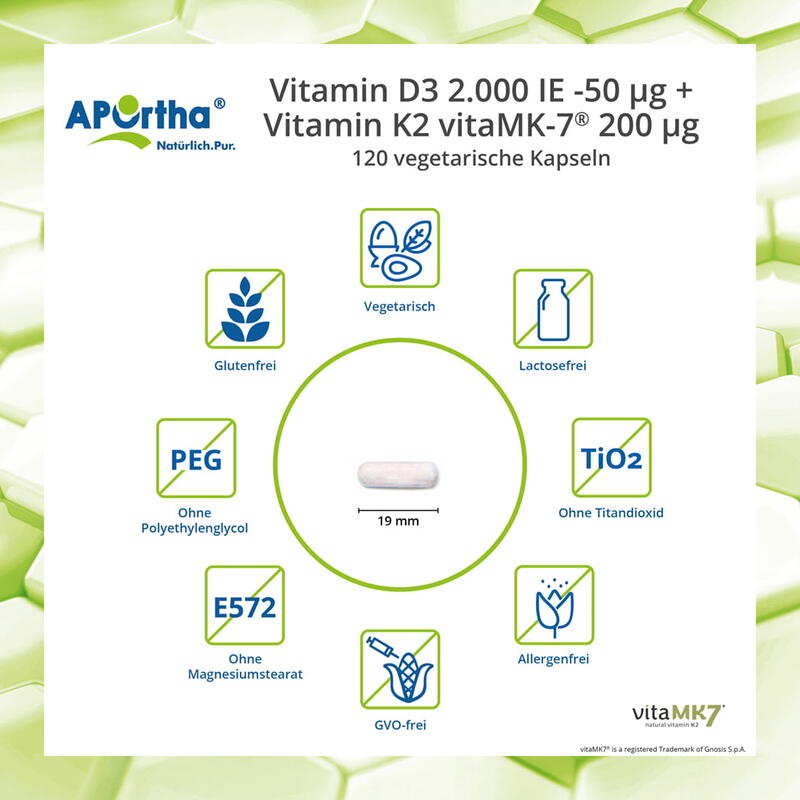 Vitamin D3 2.000 IE + Vitamin K2 vitaMK7® 200 µg - 120 vegetarische Kapseln