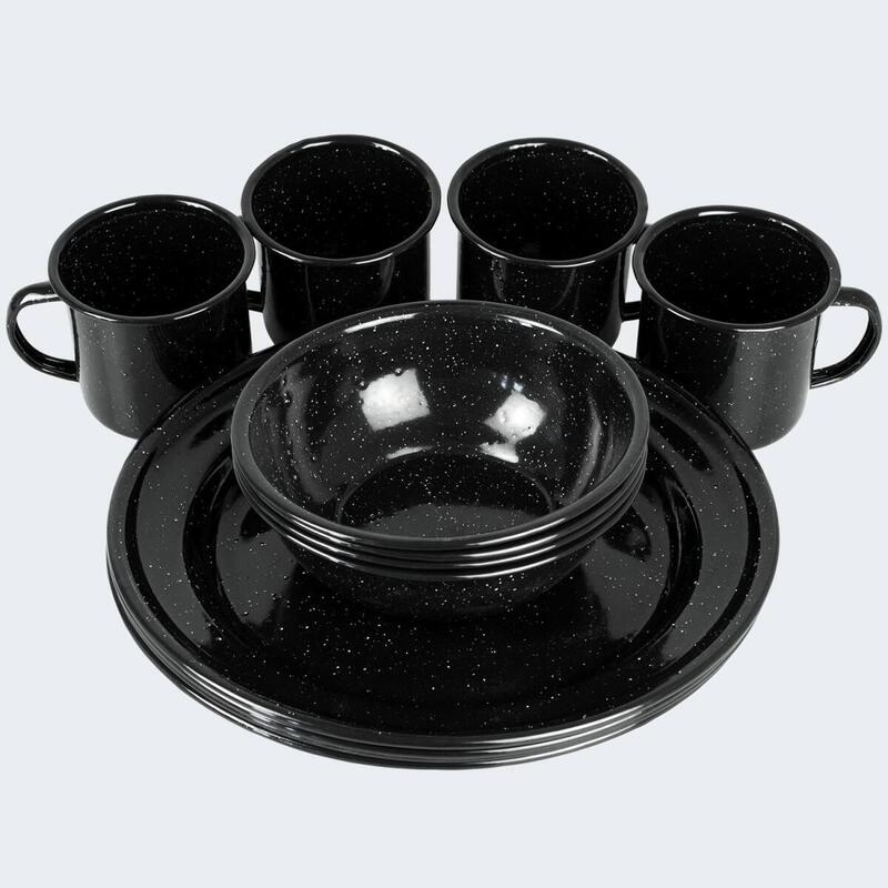 Set di stoviglie da campeggio, 4 piatti, 4 ciotole e 4 tazze, Smalto  BLACK SNAKE