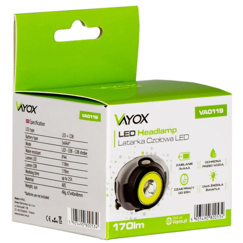 Vayox VA0119 batterijkoplamp, 170lm