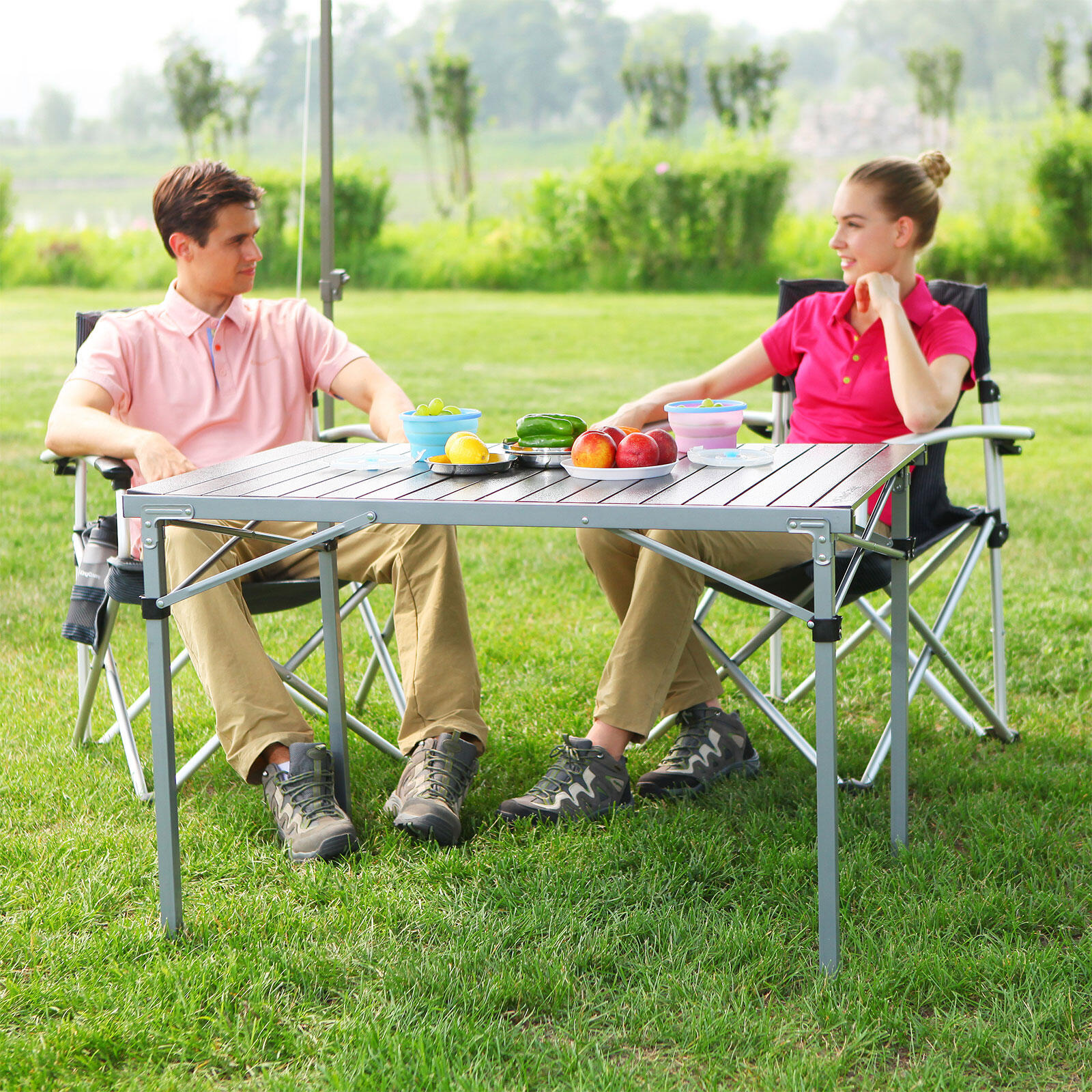 Table de camping à roulettes pliante jardin en aluminium 107x70cm 5/6