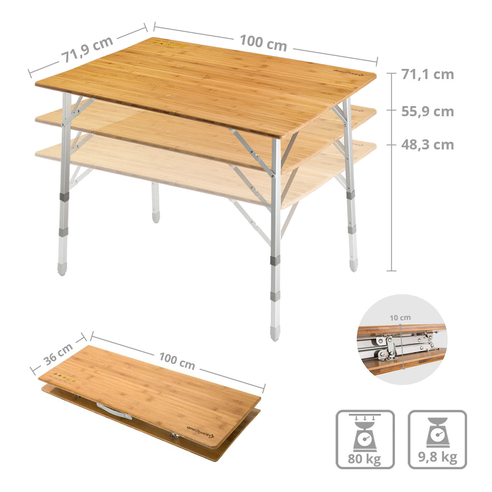 Mesa de camping plegable bambú aluminio Madera 3Alturas Ajustable 2/7