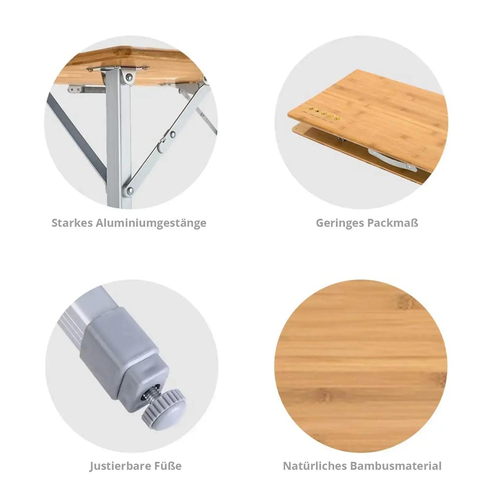 Mesa de camping plegable bambú aluminio Madera 3Alturas Ajustable 3/7
