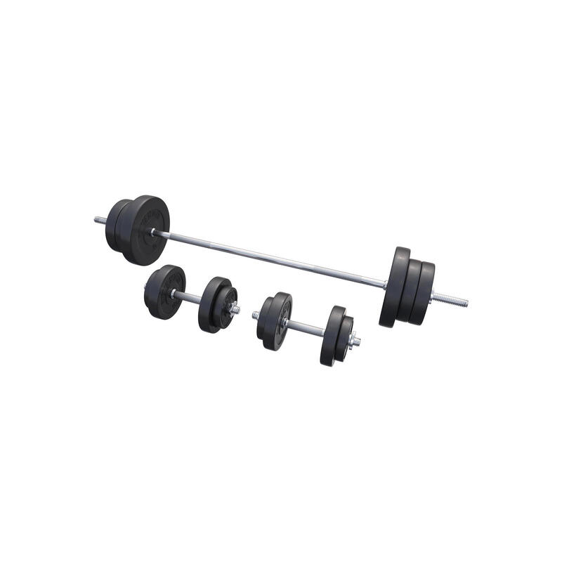 SET D'HALTÈRES 70KG AVEC DISQUES PLASTIQUES + BARRE LONGUE 170CM | MUSCULATION