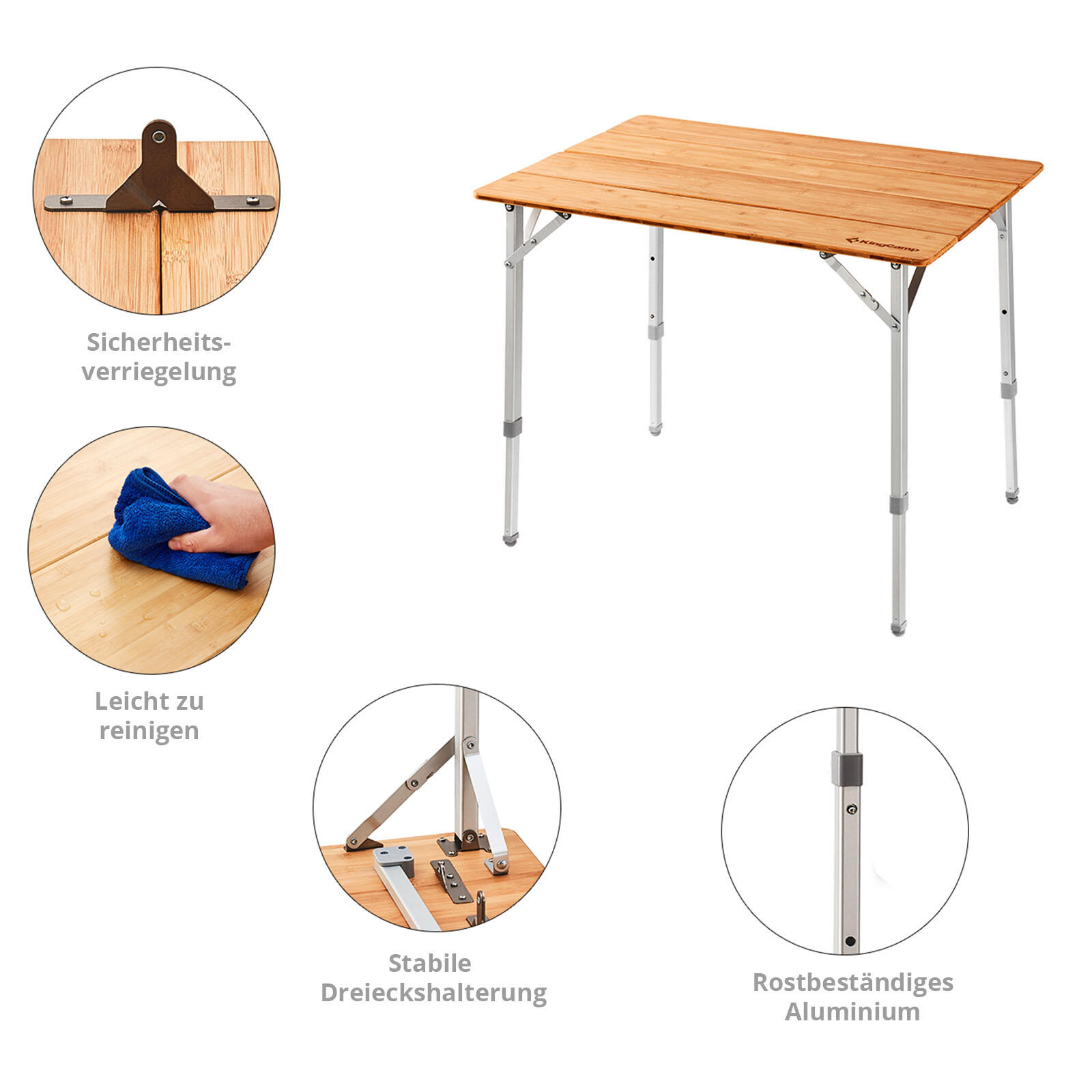 Table de camping en bambou pliante bois d'aluminium 3 hauteurs 3/6