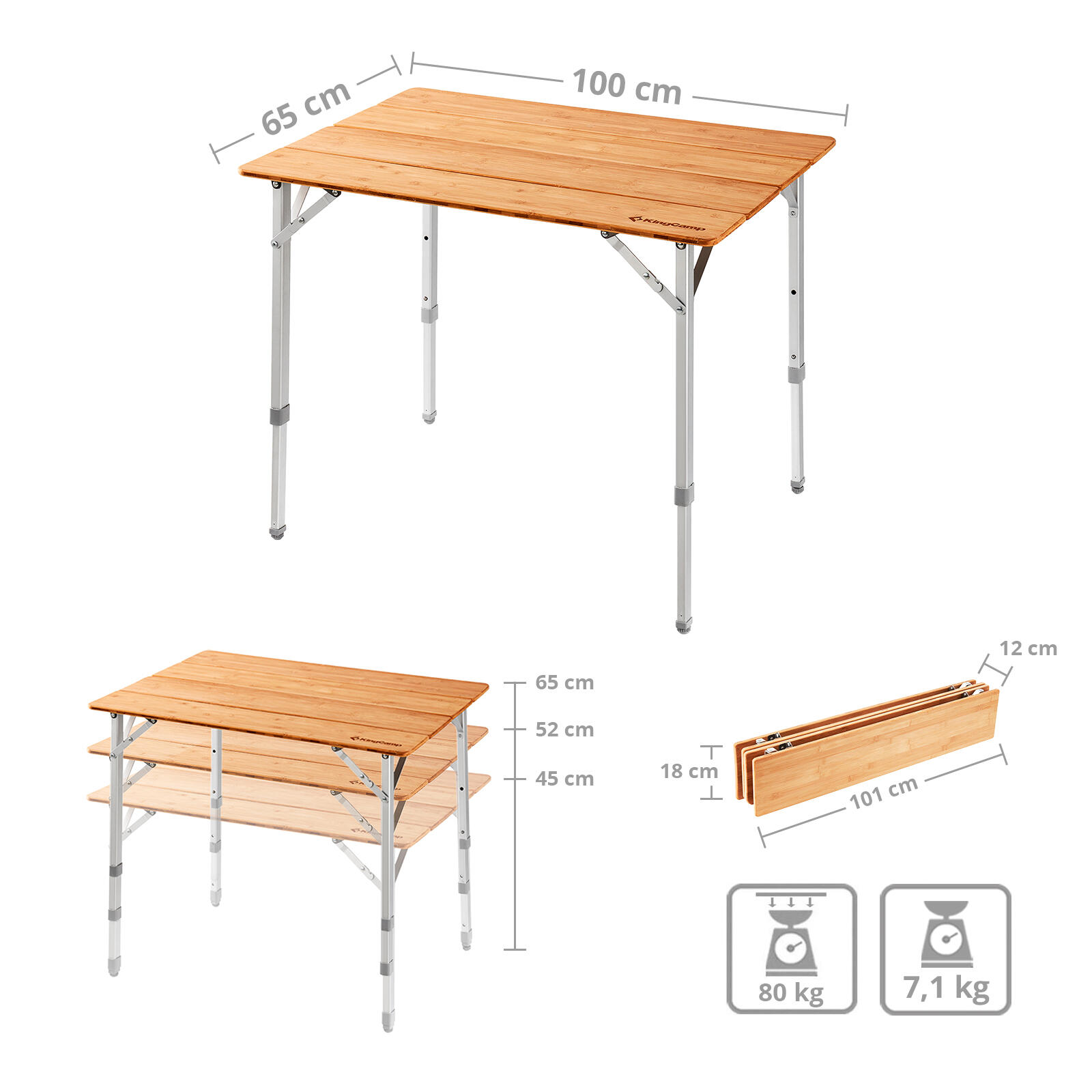 Table de camping en bambou pliante bois d'aluminium 3 hauteurs 2/6