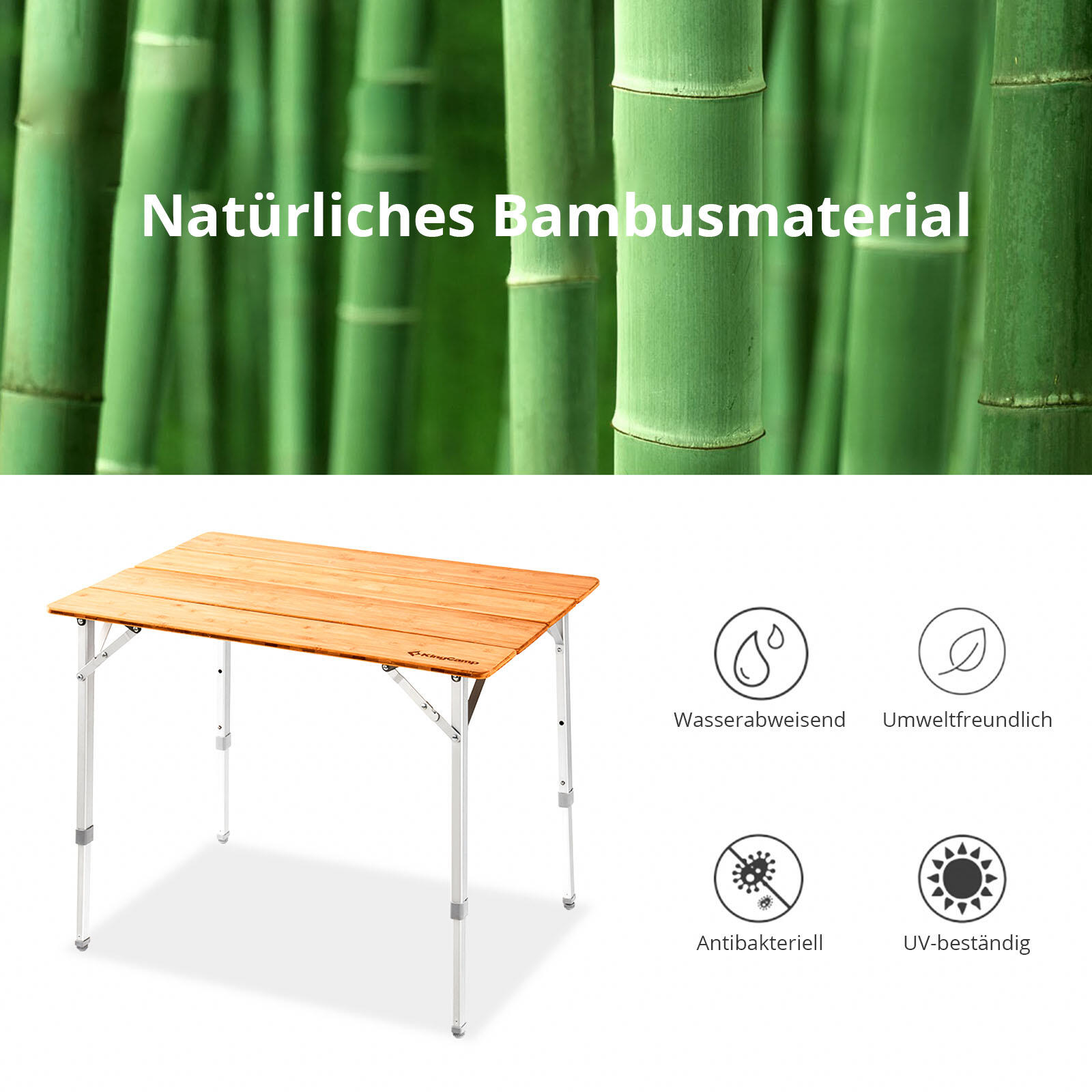 Table de camping en bambou pliante bois d'aluminium 3 hauteurs 4/6