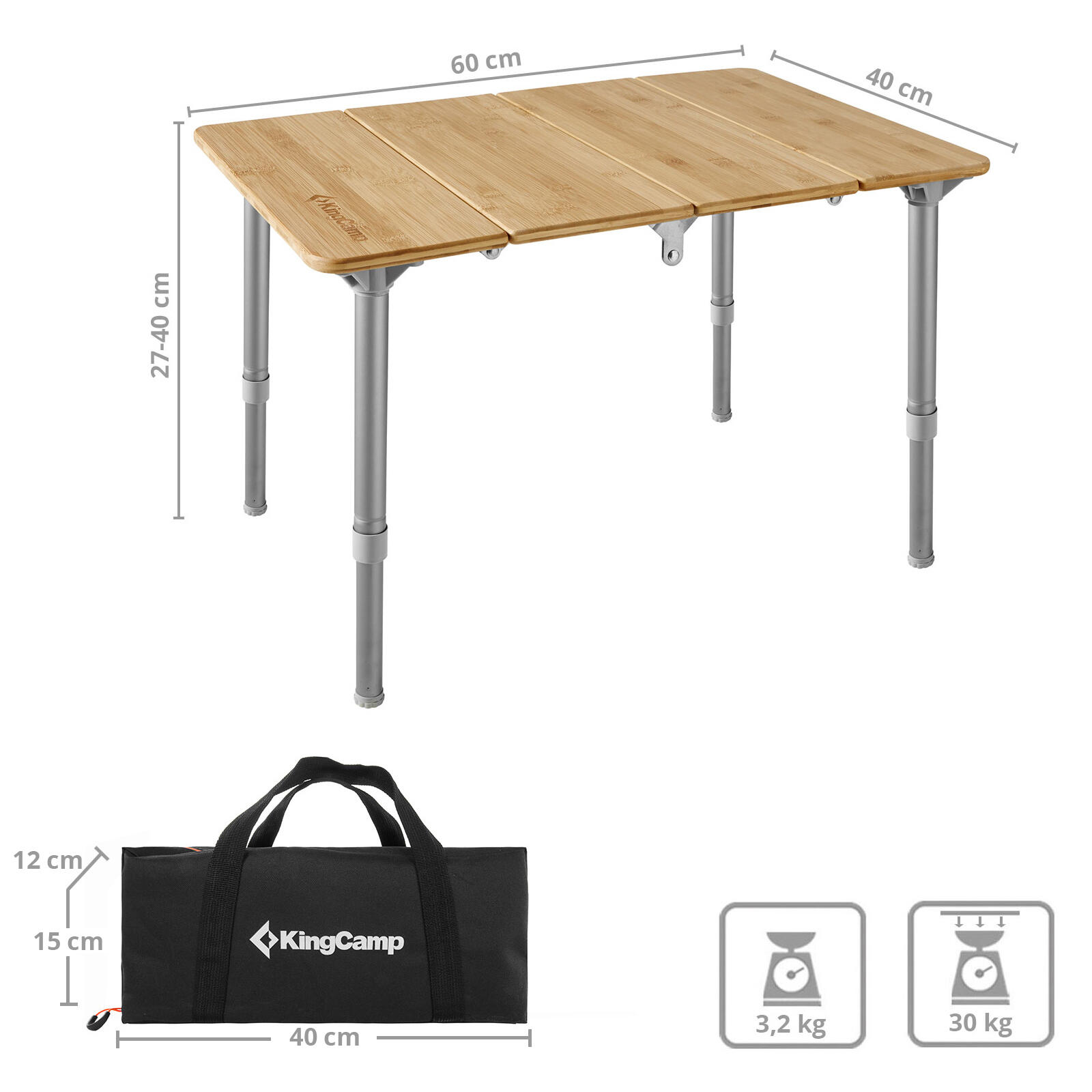 Table Pliante De Camping Berger – Bambou 80x60 Cm, Cadre Alu, Hauteur Réglable 42-65 Cm, Charge 30 Kg, Pour Pique-nique, Plage, Jardin