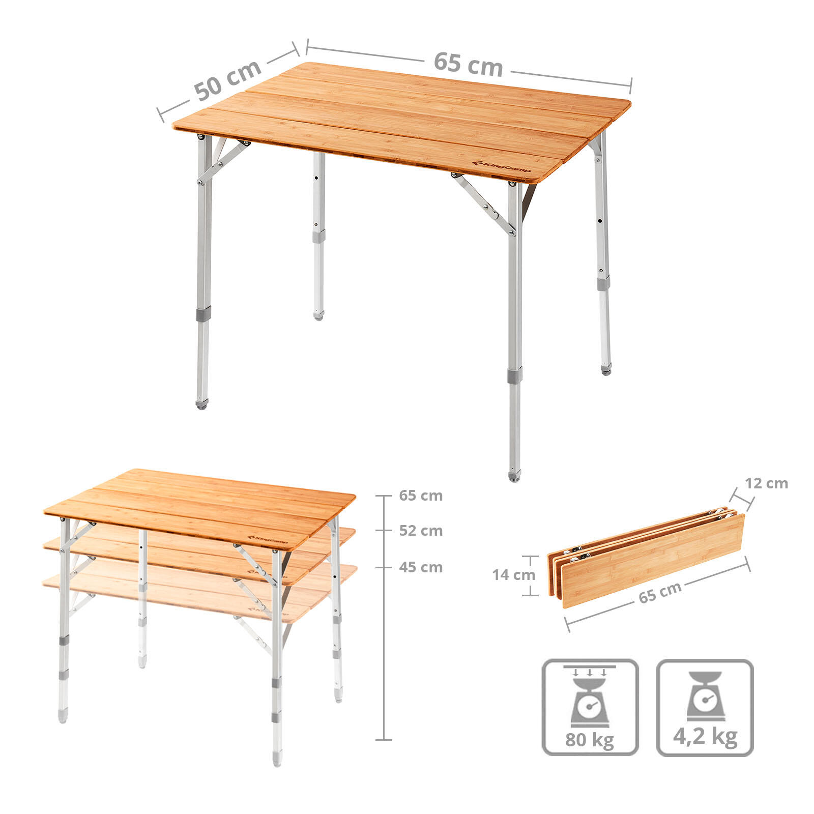 Campingtafel Bamboe Campingvouwtafel Vouwtafel alu Hout 3Hoogtes Verstelbaar 2/6