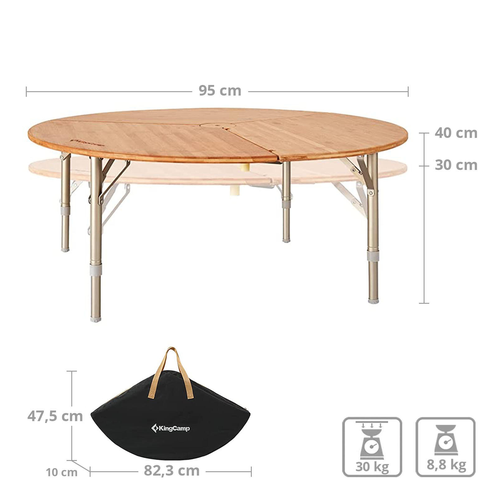 Tavolo da Campeggio Bambù pieghevole rotondo Alluminio Legno Altezza regolabile 2/7