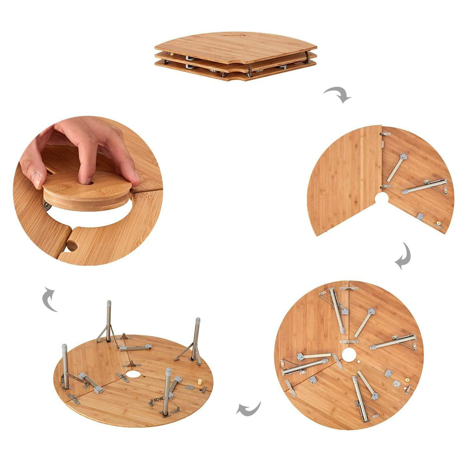 Tavolo da Campeggio Bambù pieghevole rotondo Alluminio Legno Altezza regolabile 3/7