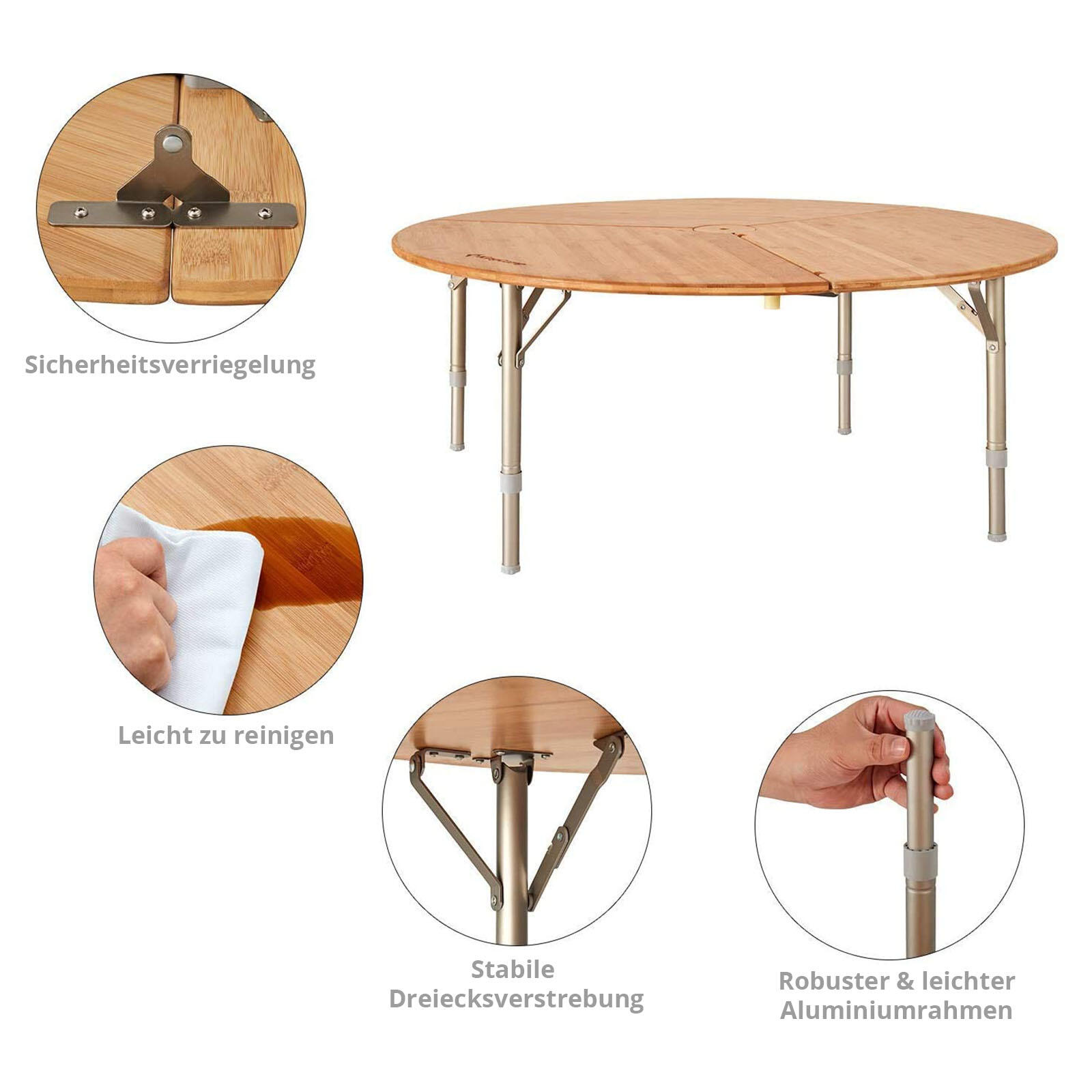 Tavolo da Campeggio Bambù pieghevole rotondo Alluminio Legno Altezza regolabile 6/7