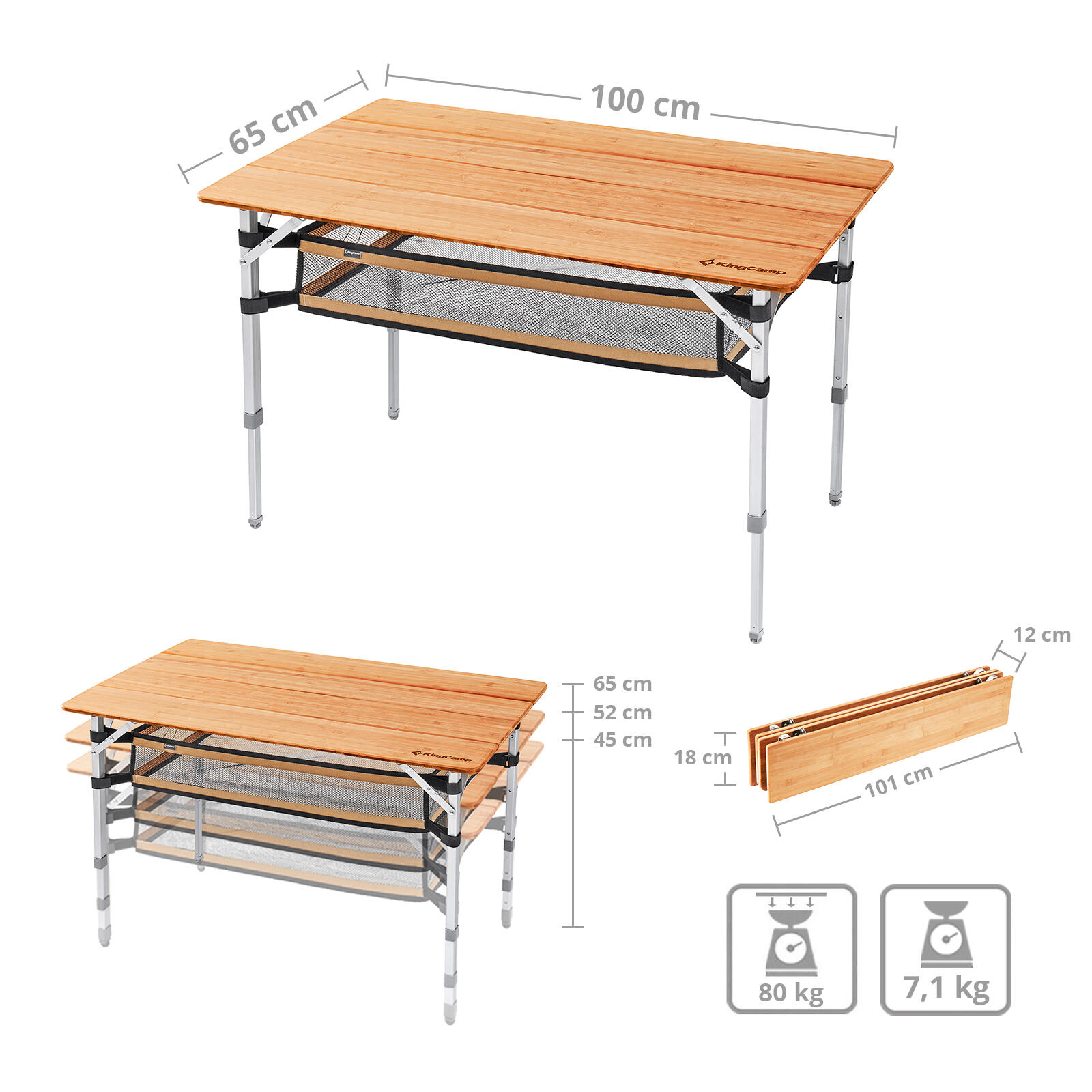 Tavolo da Campeggio Bambù pieghevole Alluminio Legno 3Altezze Regolabili 2/7