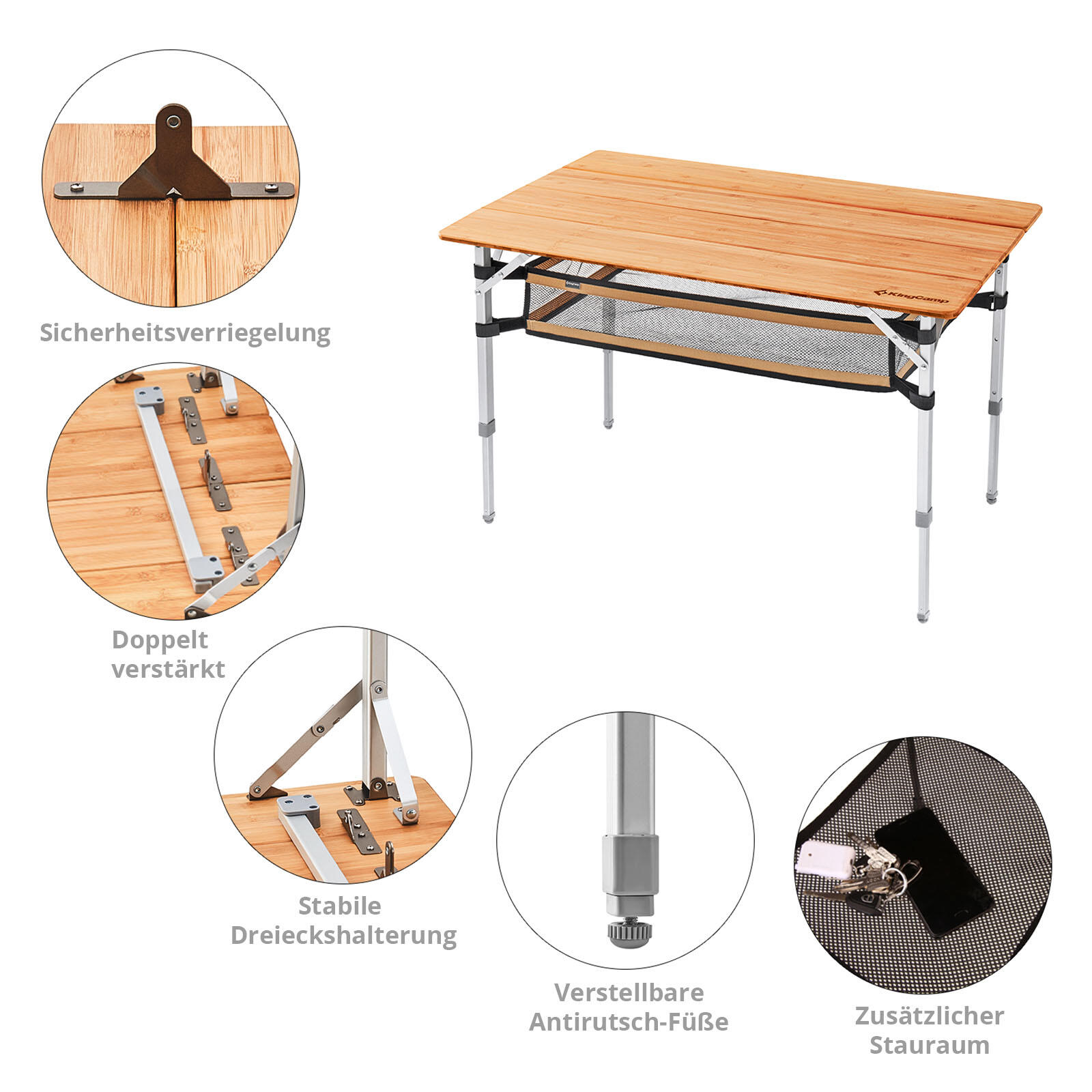 Tavolo da Campeggio Bambù pieghevole Alluminio Legno 3Altezze Regolabili 6/7