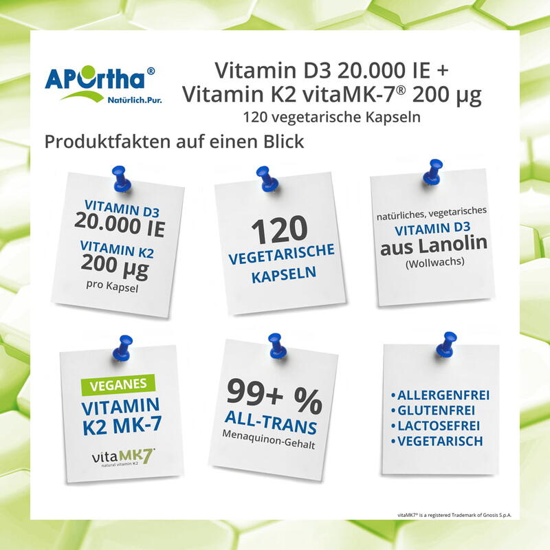 Vitamin D3 20.000 IE + Vitamin K2 vitaMK7® 200 µg - 120 vegetarische Kapseln