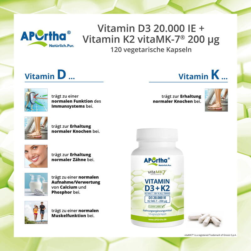 Vitamin D3 20.000 IE + Vitamin K2 vitaMK7® 200 µg - 120 vegetarische Kapseln