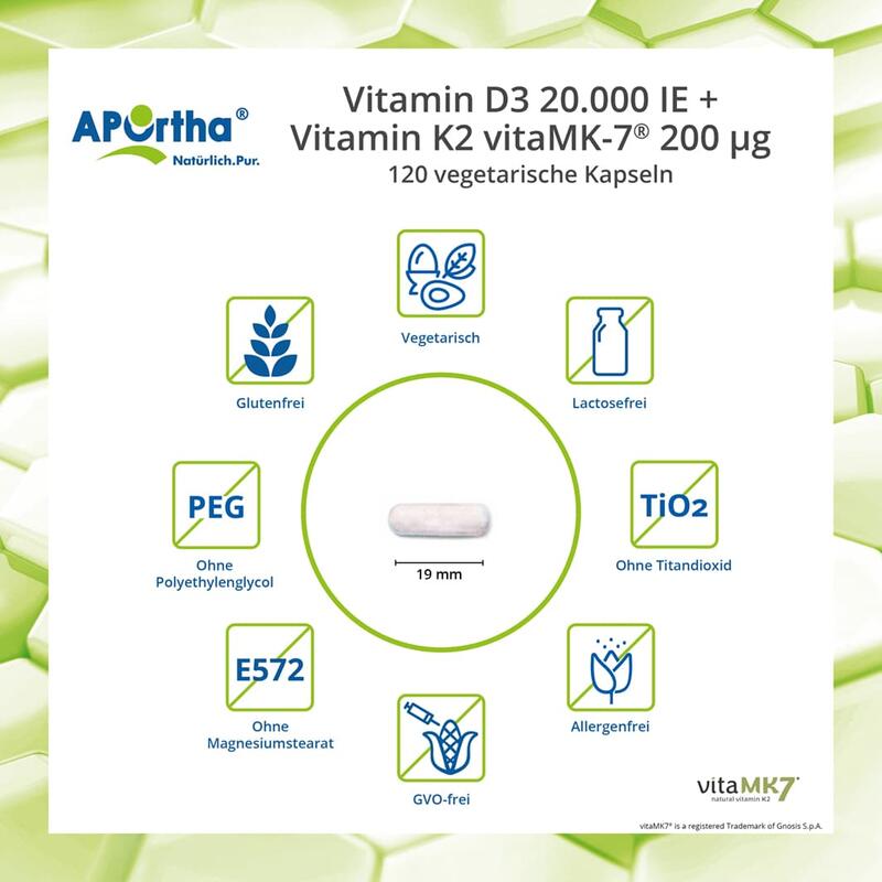 Vitamin D3 20.000 IE + Vitamin K2 vitaMK7® 200 µg - 120 vegetarische Kapseln