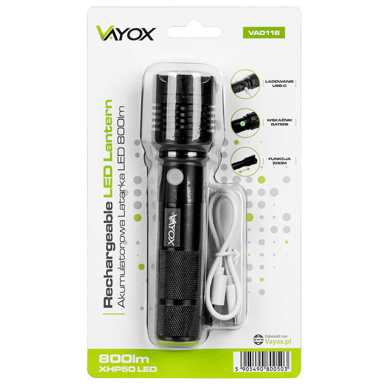 Vayox VA0116 oplaadbare tactische zaklamp 800lm USB-C