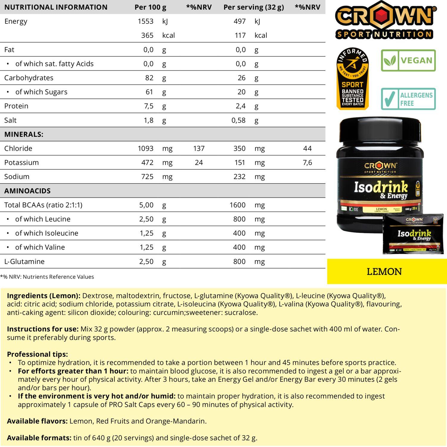 Caja con 12 sobres de isotónico en polvo ‘Isodrink & Energy‘ de 32 g Limón 4/5