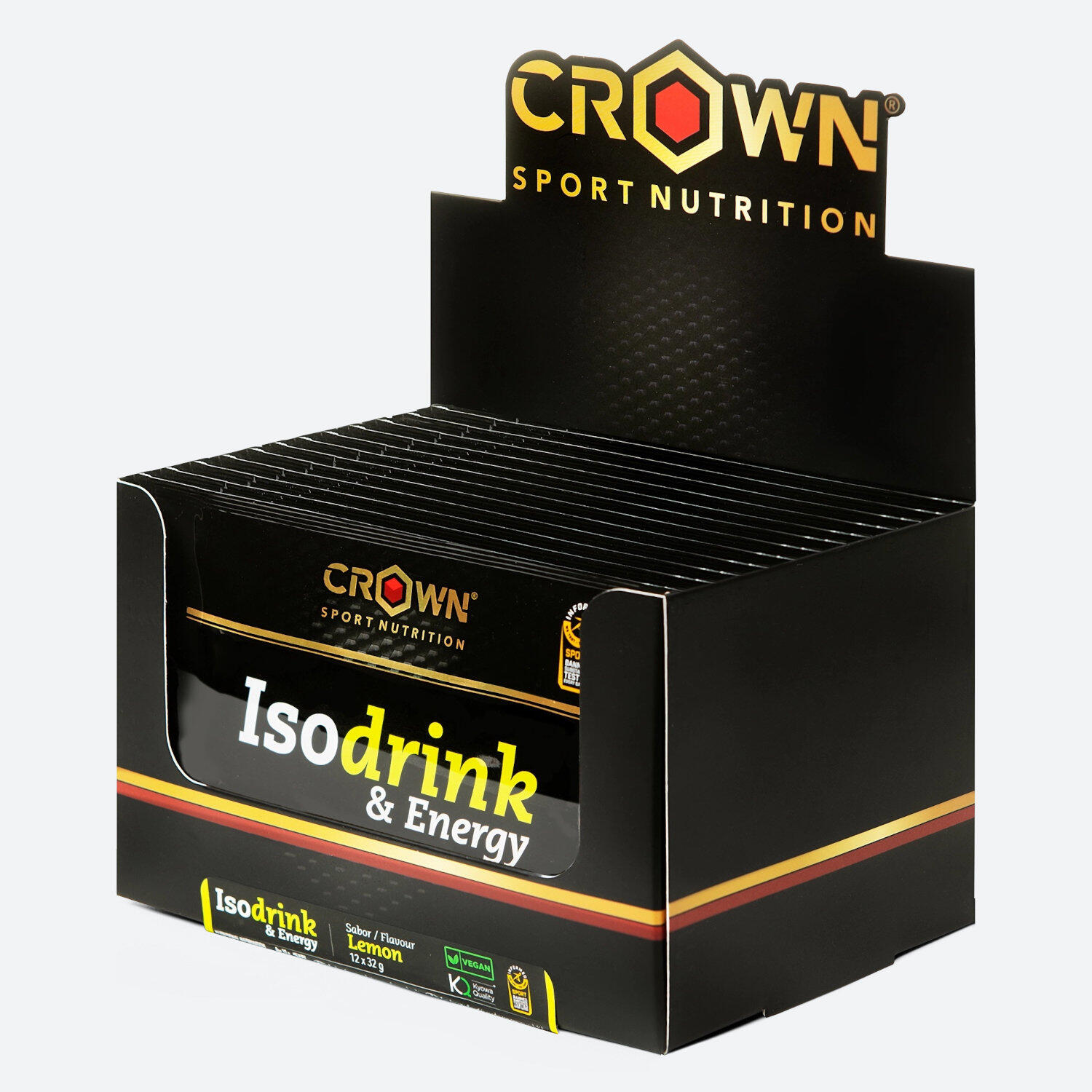 CROWN SPORT NUTRITION Caixa com 12 saquetas de pó isotónico 'Isodrink & Energy' de 32 g Limão
