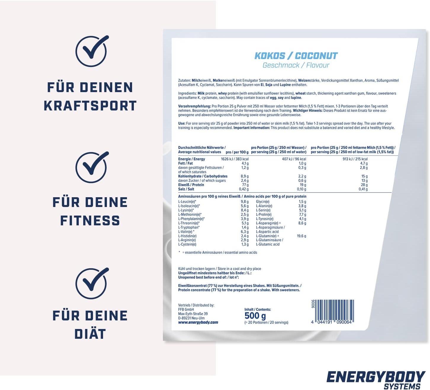 Mega Protein Kokos, Eiweißshake Proteinpulver mit Whey & Casein, 500 g 3/4