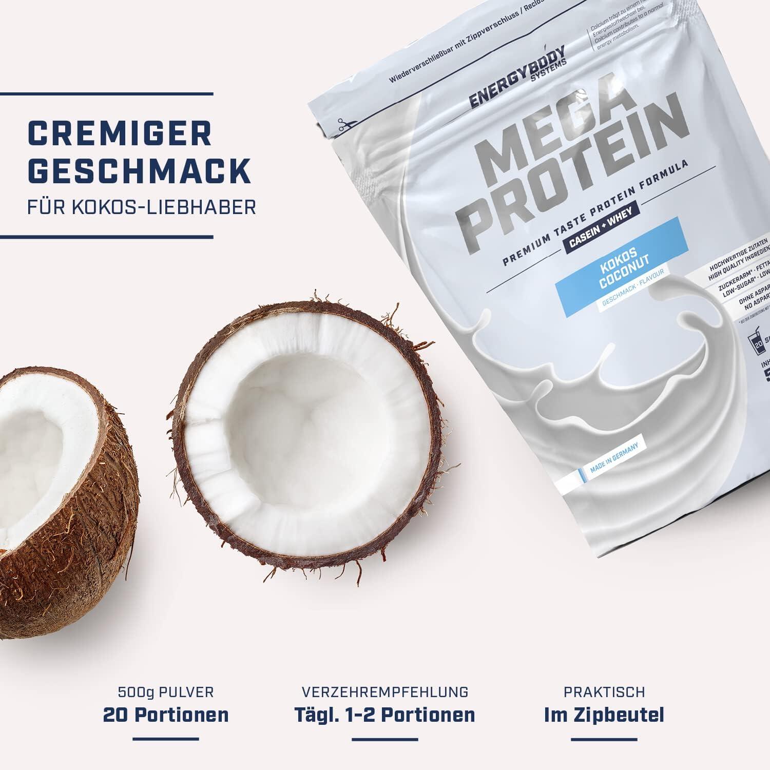 Mega Protein Kokos, Eiweißshake Proteinpulver mit Whey & Casein, 500 g 2/4
